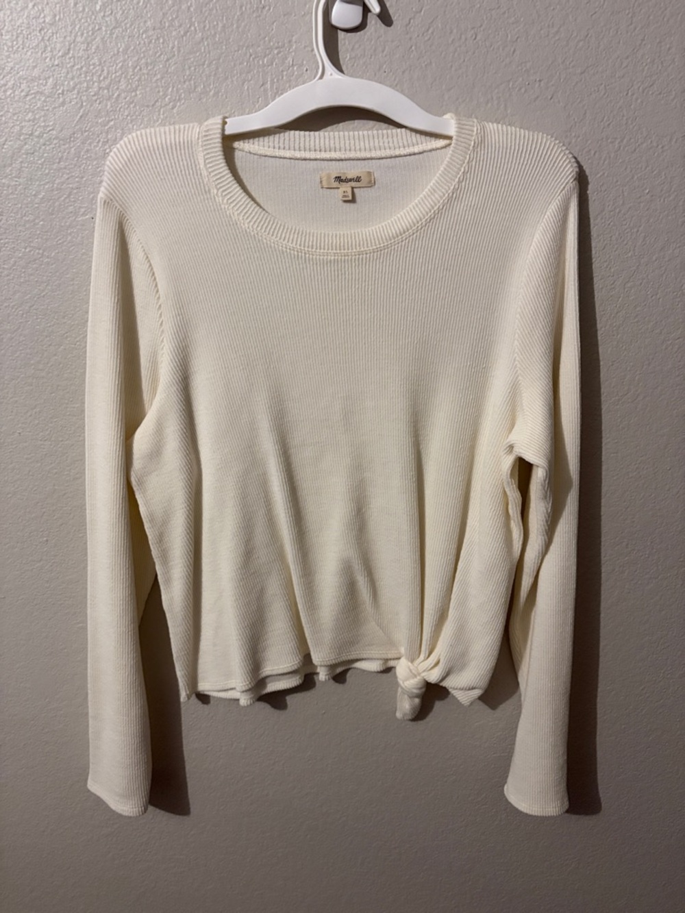 Madewell Cream Ribbed Long-Sleeve Top with Side Tie